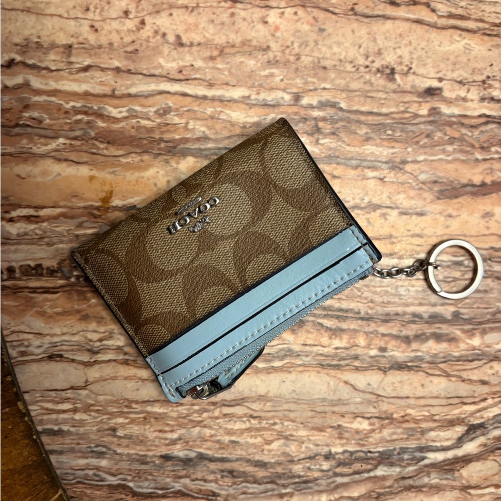 Coach Tan and Light Blue Keychain Wallet